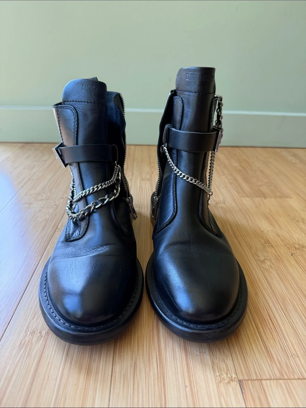 Zadig and Voltaire black moto boots with chain detail buckle